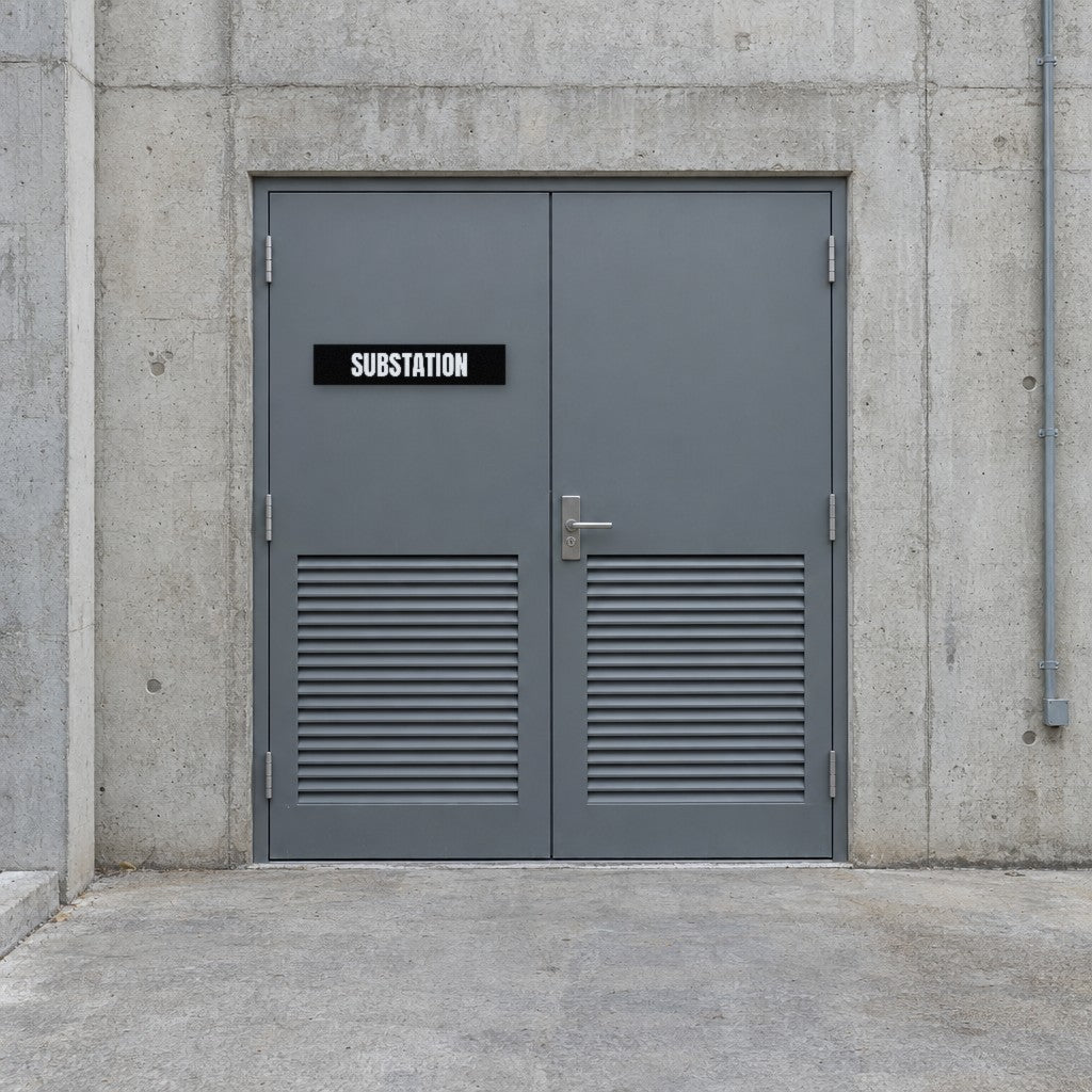 Black and white Substation sign on a substation door at the back of an Australian shopping centre