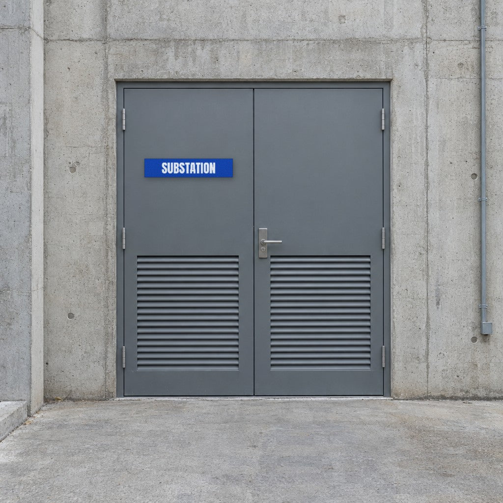 Blue and white Substation sign on a substation door at the back of an Australian shopping centre