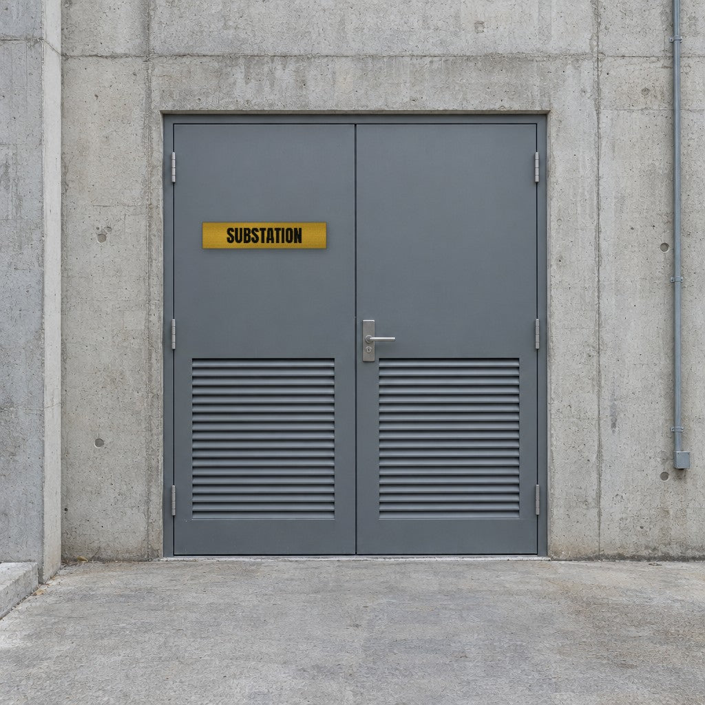 Brushed gold and black Substation sign on a substation door at the back of an Australian shopping centre