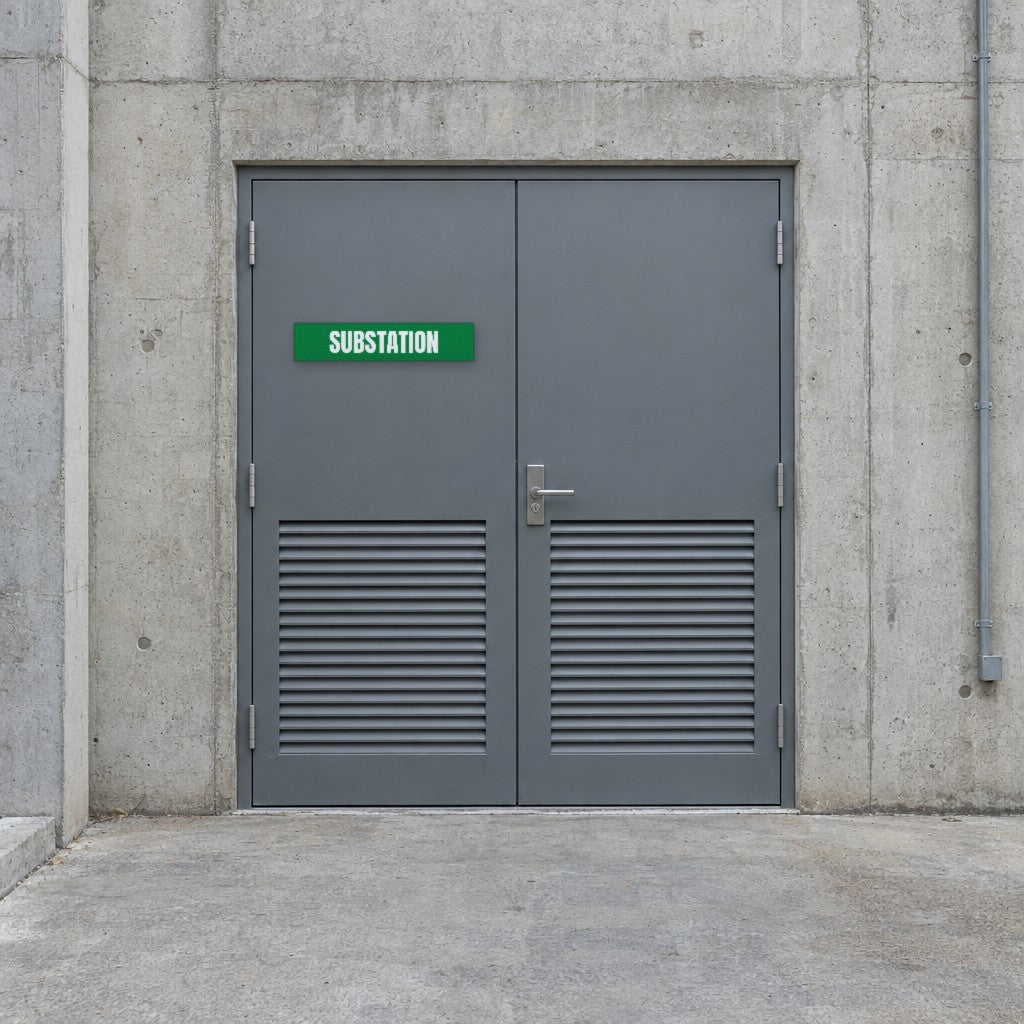 Green and white Substation sign on a substation door at the back of an Australian shopping centre