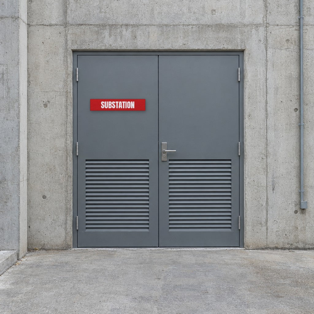 Red and white Substation sign on a substation door at the back of an Australian shopping centre