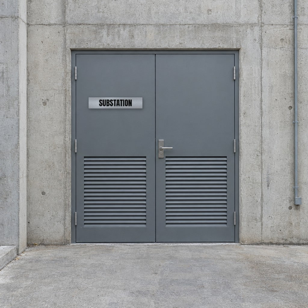 Brushed silver and black Substation sign on a substation door at the back of an Australian shopping centre