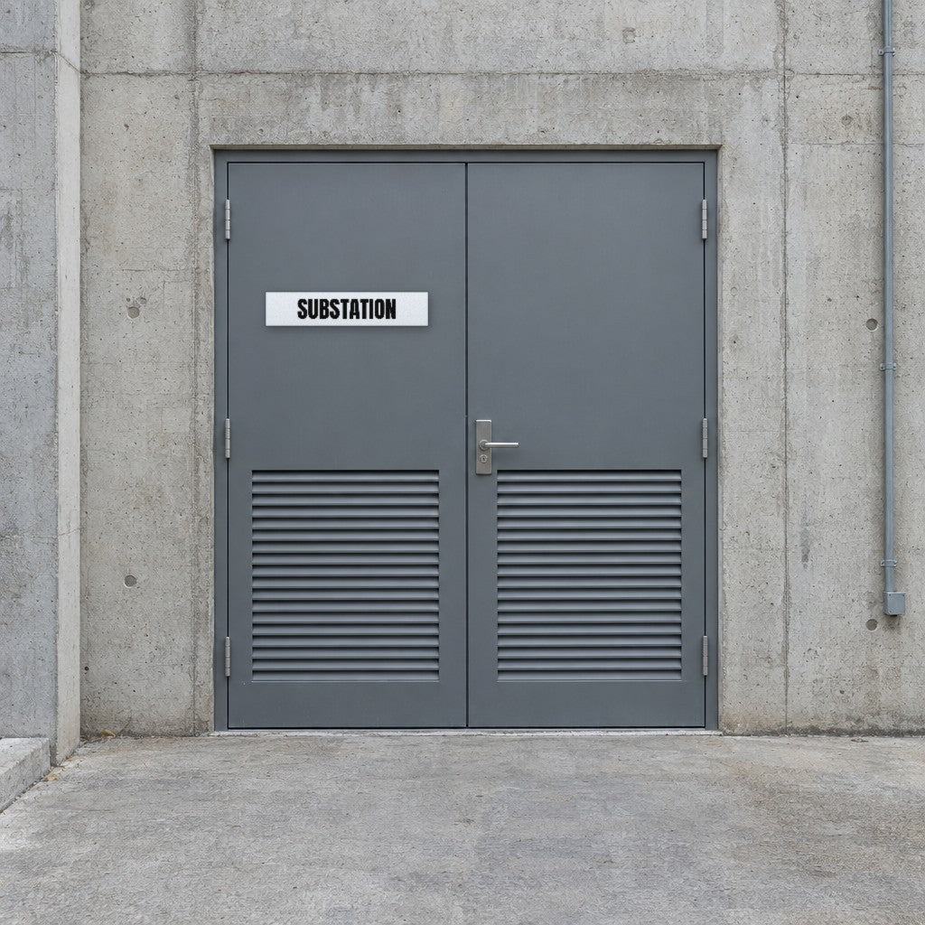 White and black Substation sign on a substation door at the back of an Australian shopping centre