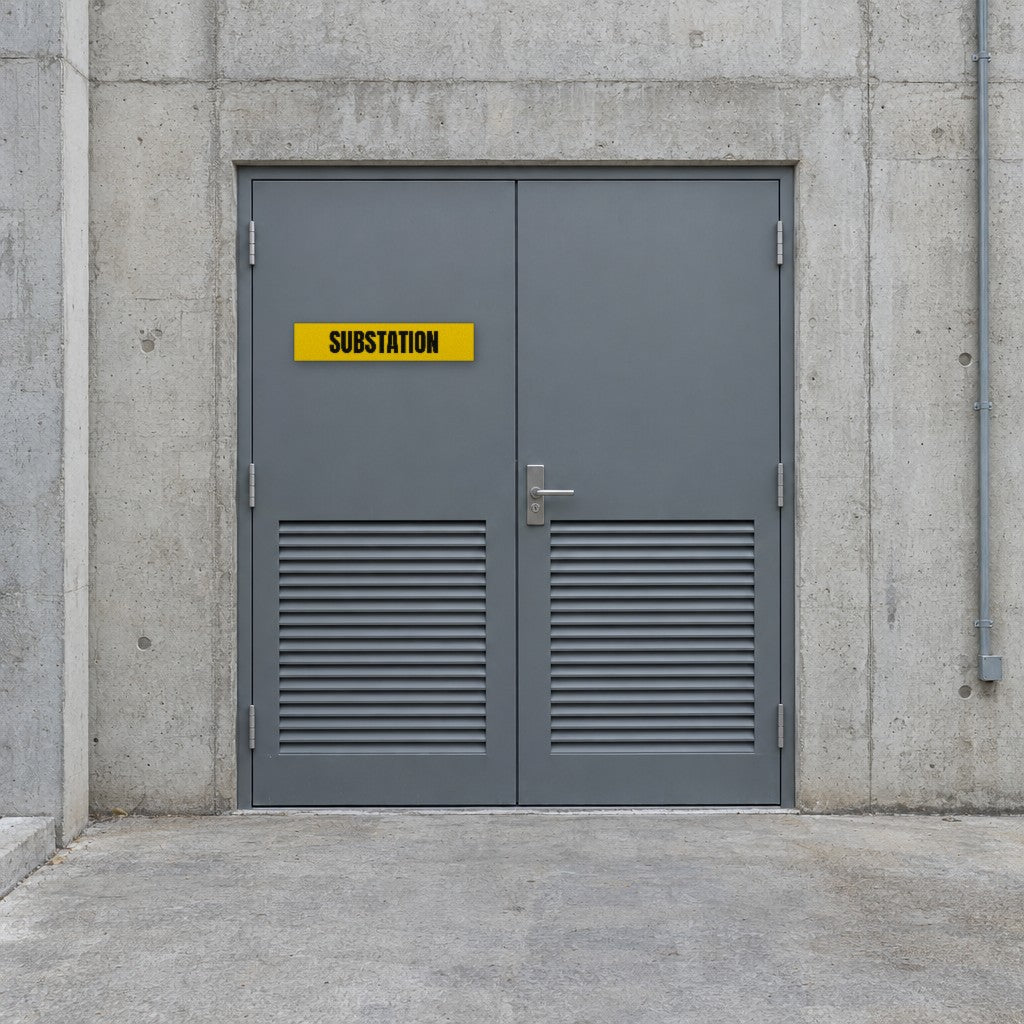 Yellow and black Substation sign on a substation door at the back of an Australian shopping centre