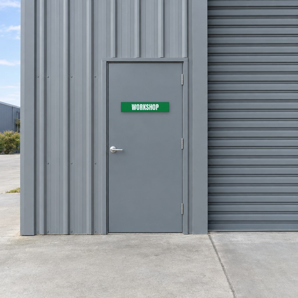 Green and white Workshop sign on a workshop door at an Australian industrial unit