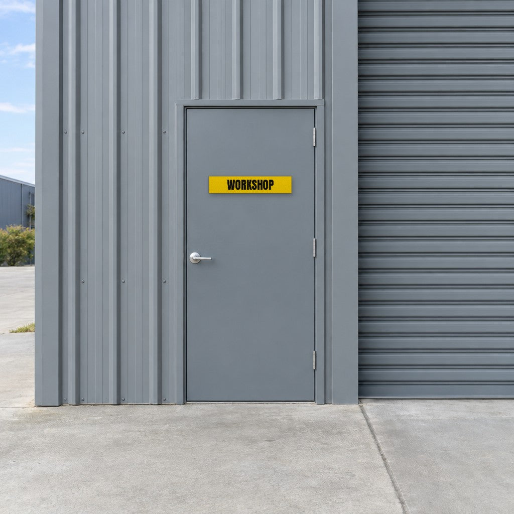 Yellow and black Workshop sign on a workshop door at an Australian industrial unit